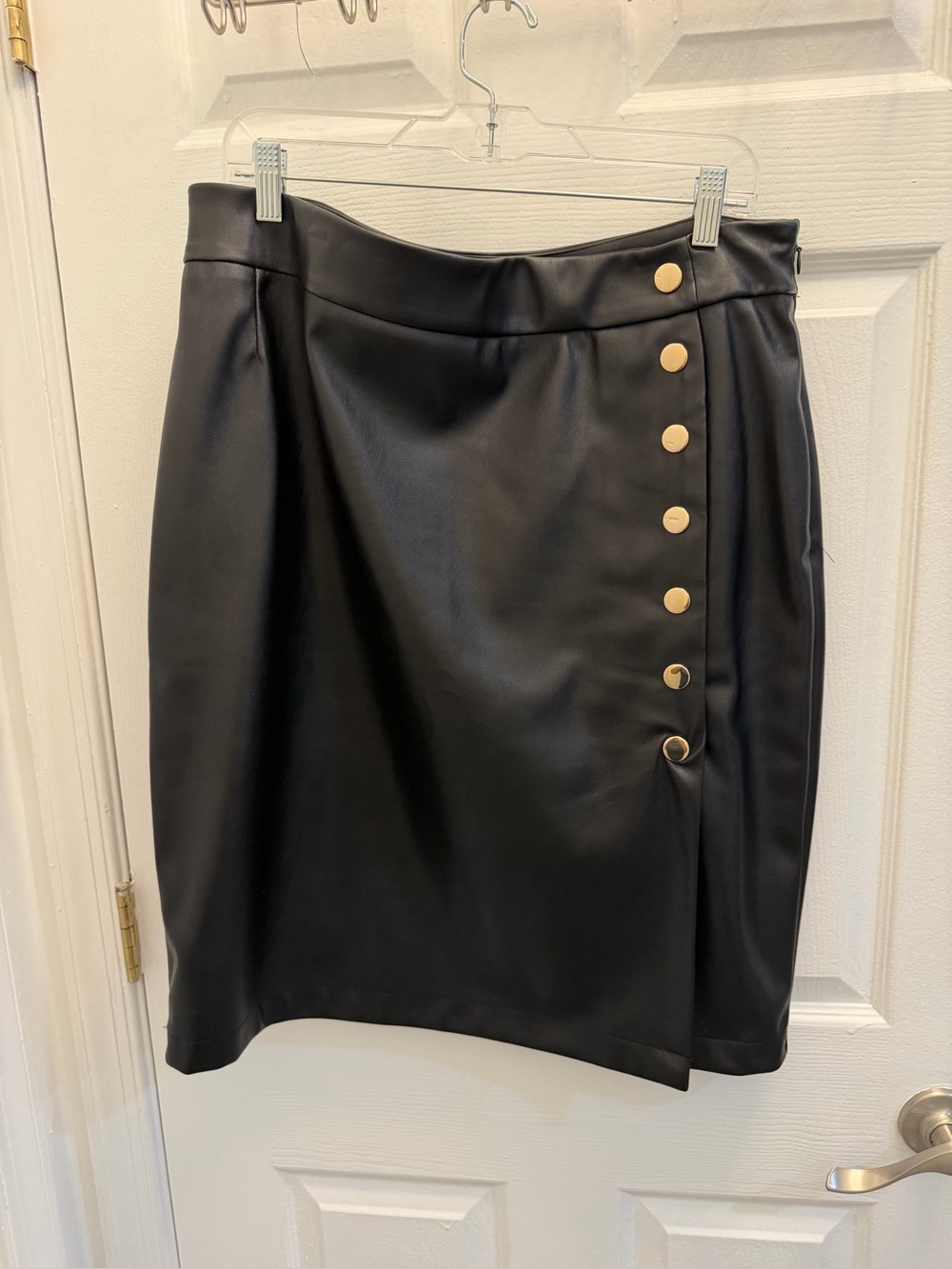INC International Concepts Black Faux Leather Pencil Skirt with Gold Buttons